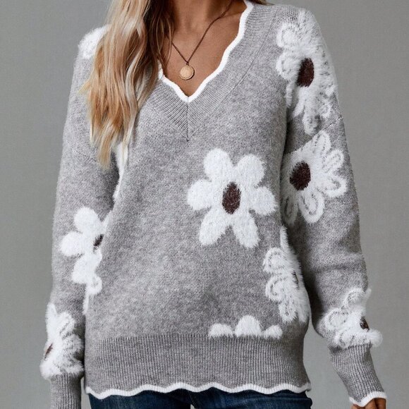 Grey Casual Women's Spring Floral Pattern Easter Family Sweater - Picture 5 of 5